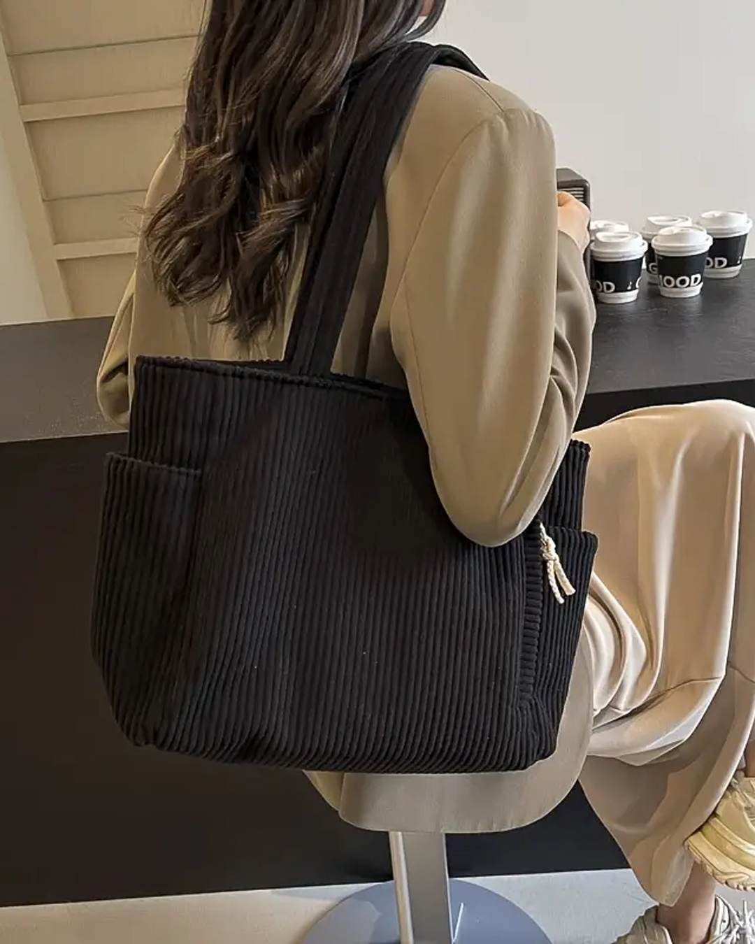 Inès | Sac cabas côtelé avec cordon de serrage