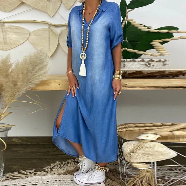Léa | Robe longue effet denim avec fente latérale