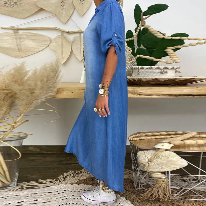 Léa | Robe longue effet denim avec fente latérale