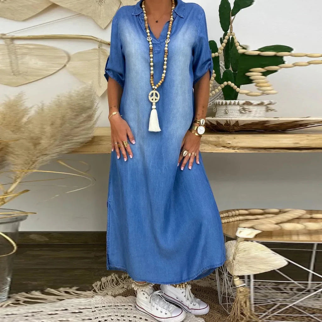 Léa | Robe longue effet denim avec fente latérale
