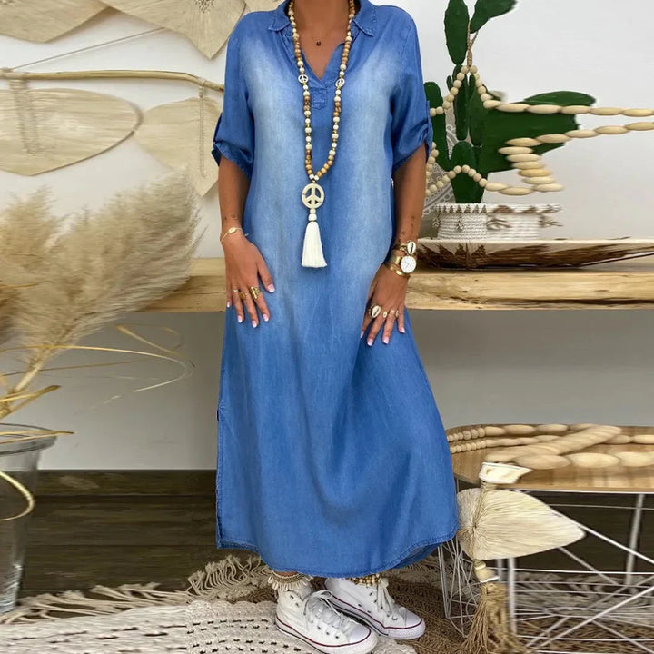 Léa | Robe longue effet denim avec fente latérale