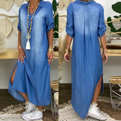 Léa | Robe longue effet denim avec fente latérale