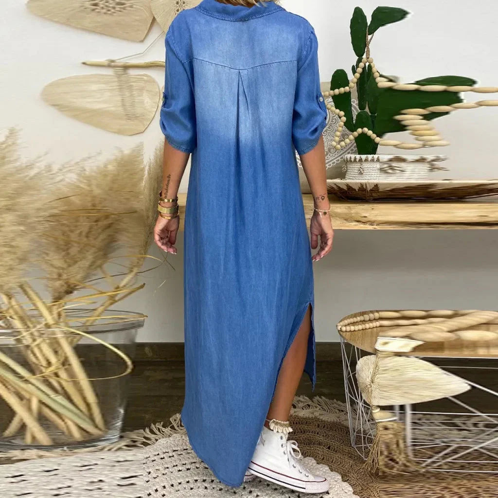 Léa | Robe longue effet denim avec fente latérale