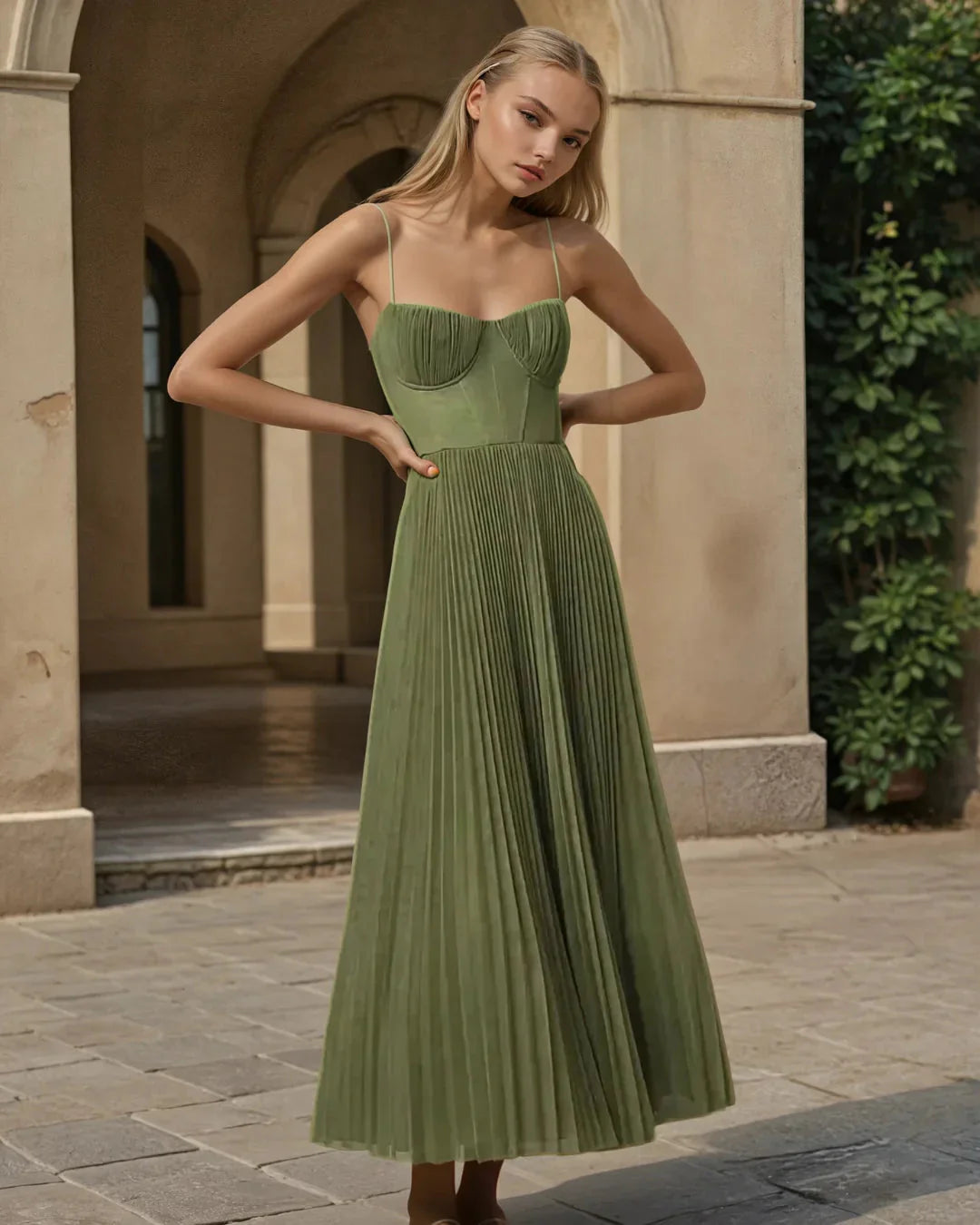 Olivia | Robe midi plissée à dos nu