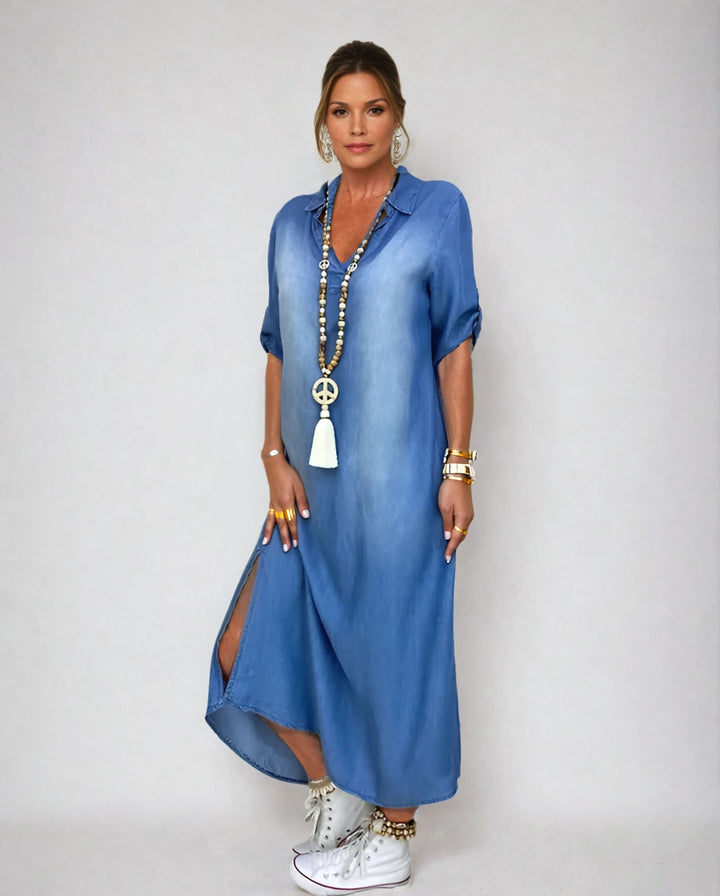 Léa | Robe longue effet denim avec fente latérale