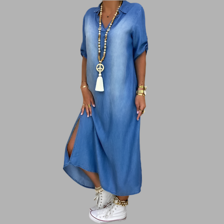 Léa | Robe longue effet denim avec fente latérale
