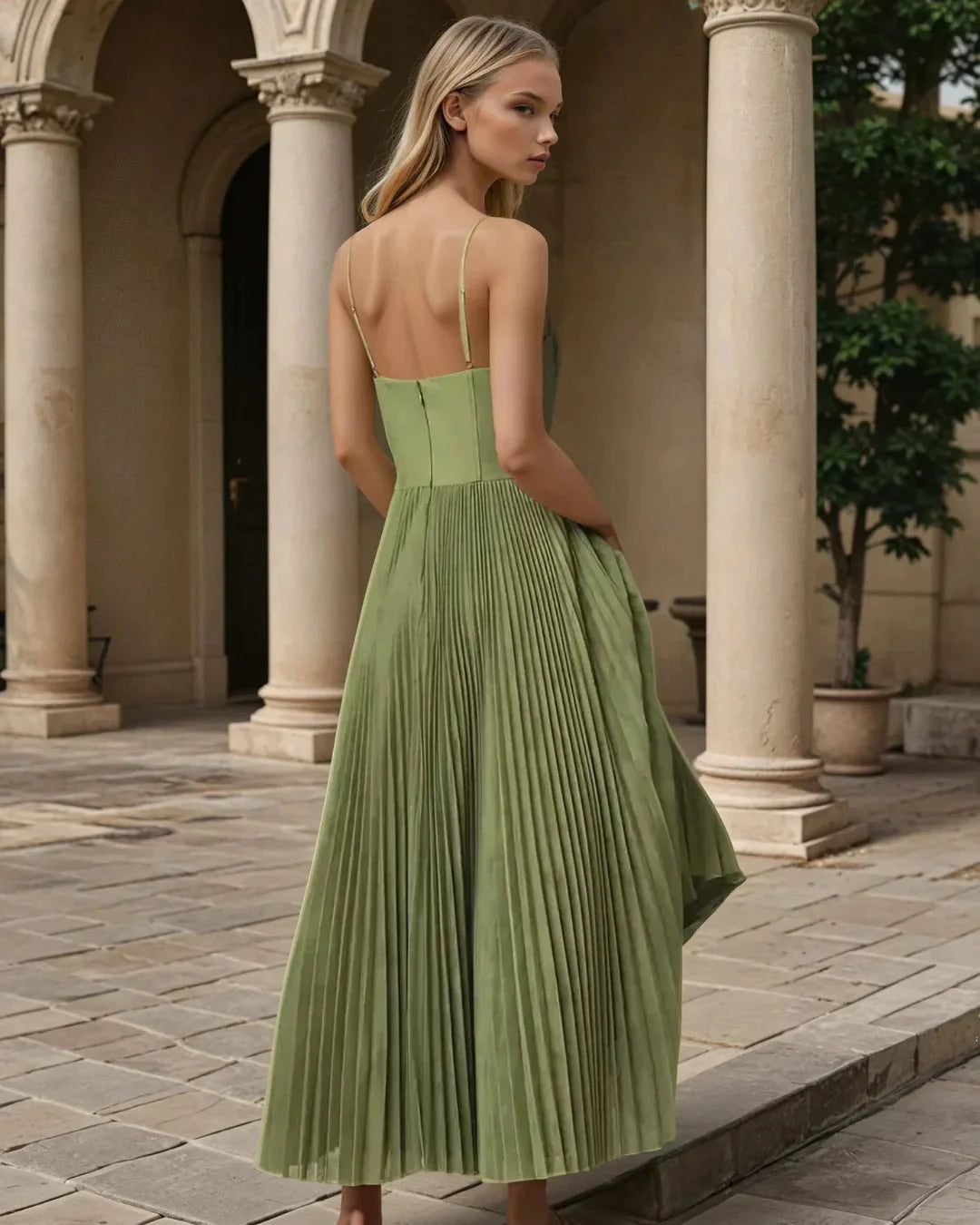 Olivia | Robe midi plissée à dos nu